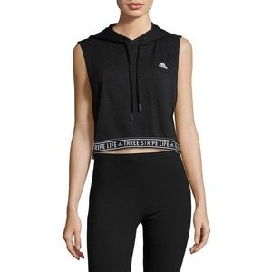 Adidas 3 Three Stripe Black Cropped Sleeveless Hoodie White Stripe Trim